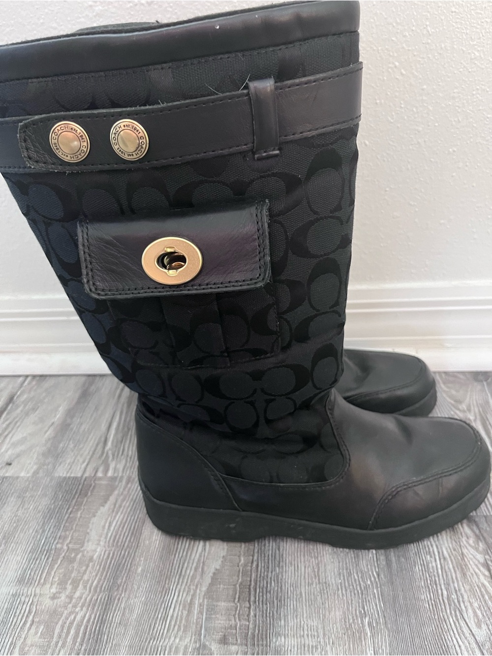 Coach Black Signature Canvas Mid-Calf Boots with Gold Hardware